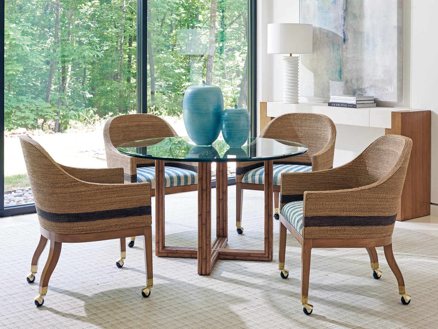 Carved Bamboo Sheridan Glass Top Dining Table