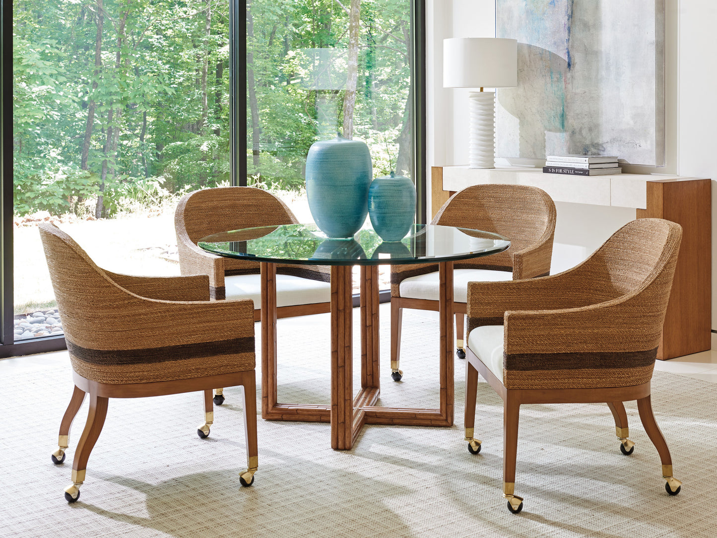 Carved Bamboo Sheridan Glass Top Dining Table