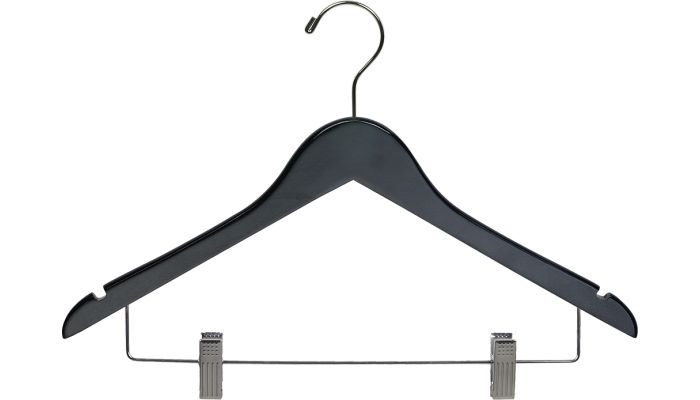 17" Black Wood Combo Hanger W/ Clips & Notches