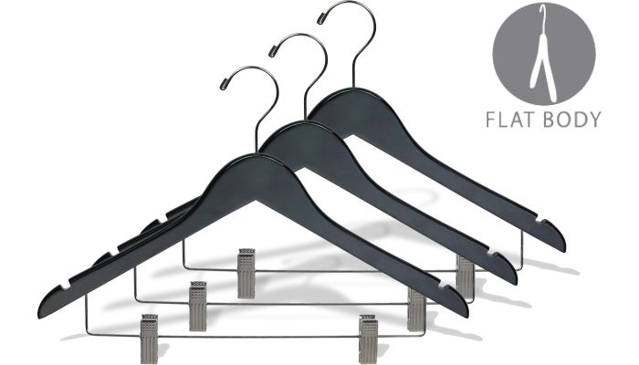 17" Black Wood Combo Hanger W/ Clips & Notches