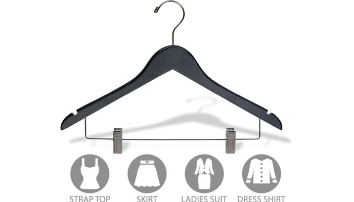 17" Black Wood Combo Hanger W/ Clips & Notches