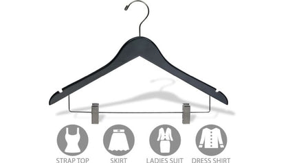 17" Black Wood Combo Hanger W/ Clips & Notches