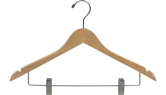 17" Natural Wood Combo Hanger W/ Clips & Notches