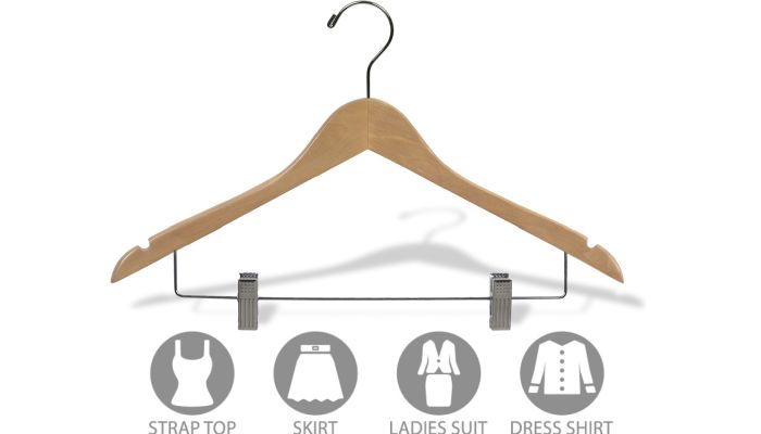 17" Natural Wood Combo Hanger W/ Clips & Notches