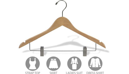 17" Natural Wood Combo Hanger W/ Clips & Notches