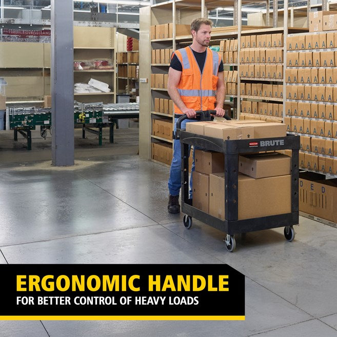 Rubbermaid BRUTE Heavy-Duty Ergo Handle Utility Cart, Lipped Shelf, Medium, 500 LB. Capacity