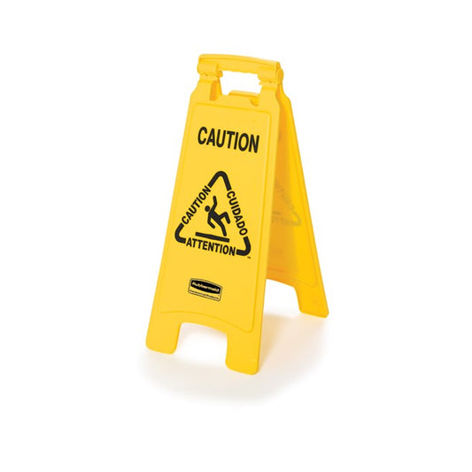 Rubbermaid Multilingual "CAUTION" Sign, 2 Sided, 26", Yellow