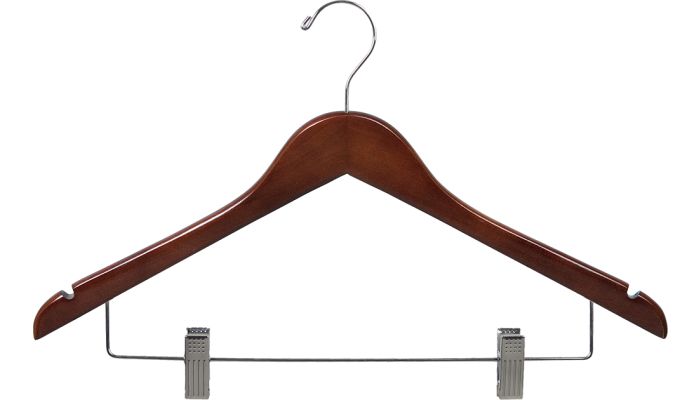 17" Walnut Wood Combo Hangers W/ Clips & Notches