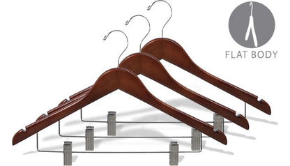 17" Walnut Wood Combo Hangers W/ Clips & Notches