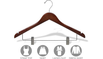 17" Walnut Wood Combo Hangers W/ Clips & Notches