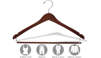 17" Walnut Wood Suit Hanger W/ Locking Bar & Notches