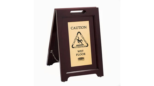 Rubbermaid Executive Series™ Wooden Multilingual "Caution" Sign, 2 Sided, 22", Gold